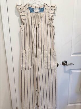 Anthropologie Cream Jumpsuit with Navy Stripes